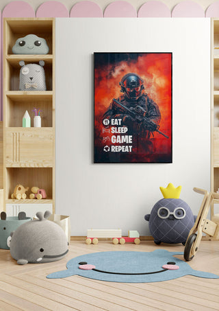 Game Repeat Plakat on a child's room wall, surrounded by plush toys and wooden shelves.