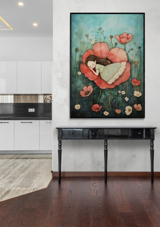 Framed "Sleeping in the Poppy" by Annika Persson hanging above a black console table in a modern room.