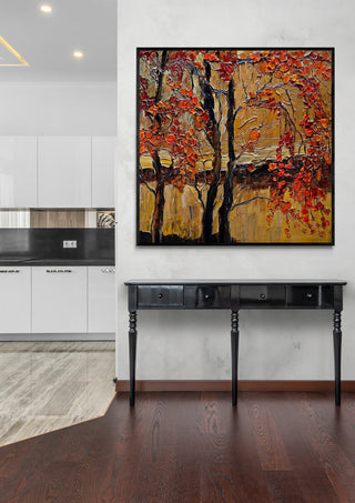 River 02 by Justyna Kopania displayed on a wall above a black console table in a modern living space.